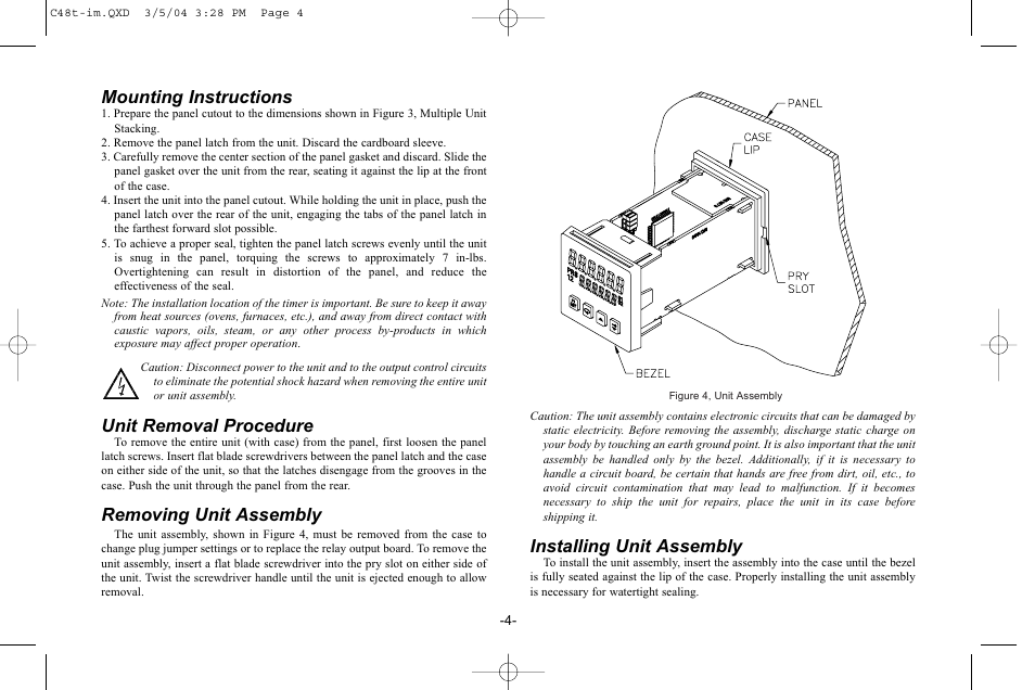 Mounting instructions, Unit removal procedure, Removing unit assembly | Installing unit assembly | Red Lion C48T User Manual | Page 10 / 44