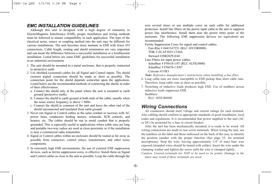 Wiring connections, Emc installation guidelines | Red Lion C48T User Manual | Page 12 / 44