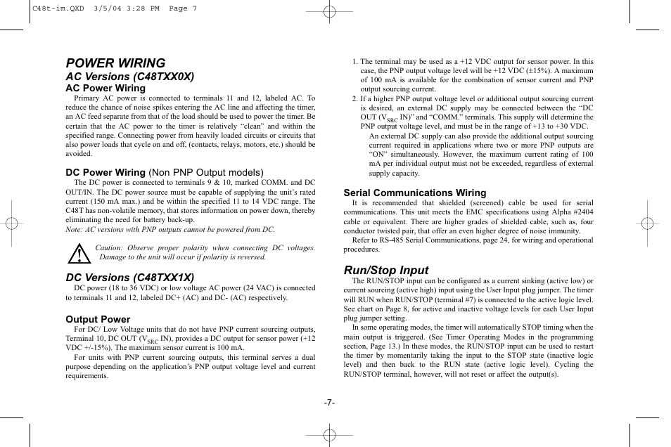 Power wiring, Run/stop input, Ac versions (c48txx0x) | Dc versions (c48txx1x) | Red Lion C48T User Manual | Page 13 / 44