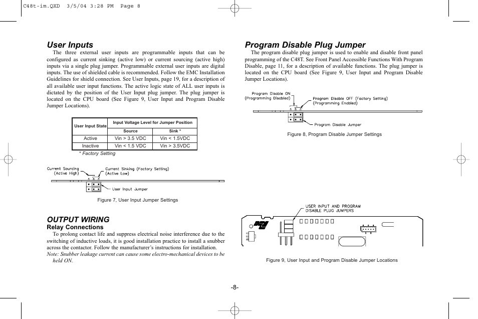 User inputs, Program disable plug jumper, Output wiring | Red Lion C48T User Manual | Page 14 / 44
