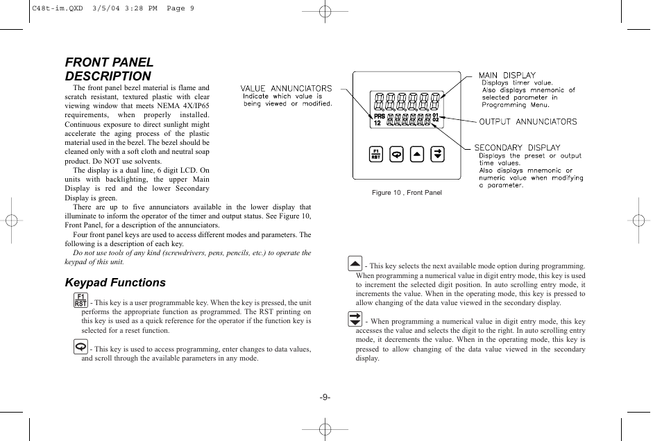 Front panel description, Keypad functions | Red Lion C48T User Manual | Page 15 / 44