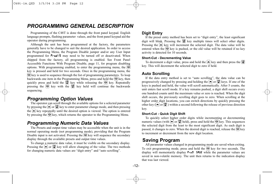Programming general description, Programming option values, Programming numeric data values | Saving program | Red Lion C48T User Manual | Page 18 / 44