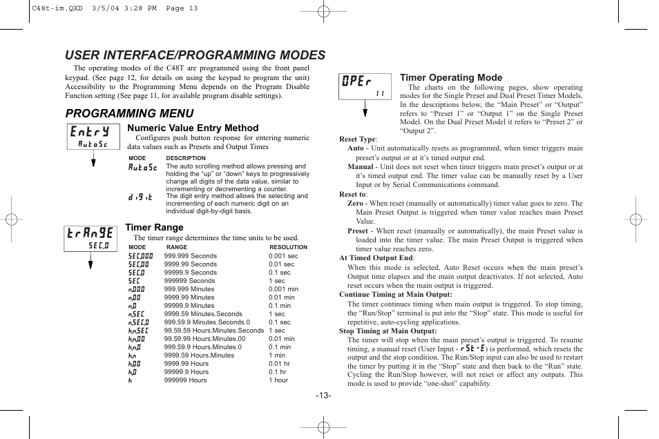 Trange, Oper, Entry | User interface/programming modes, Programming menu, Rst-e, Digit, Autosc, Sec.0 | Red Lion C48T User Manual | Page 19 / 44