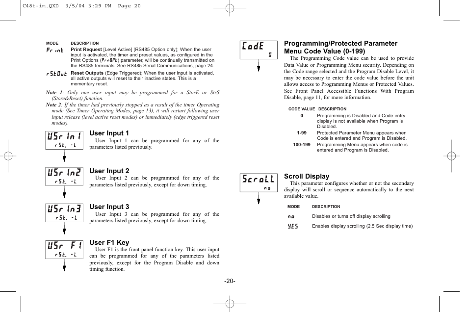 Usrin3, Usr f1, Code | Usrin2, Usrin1, Scroll, Rstout print | Red Lion C48T User Manual | Page 26 / 44