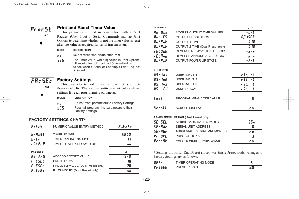 Prnrst, Facset, Entry | Autosc trange, Sec.0 rst.p.up oper, No 11, Ac prs, Y-y preset, 0 preset, 0 p1trac | Red Lion C48T User Manual | Page 28 / 44