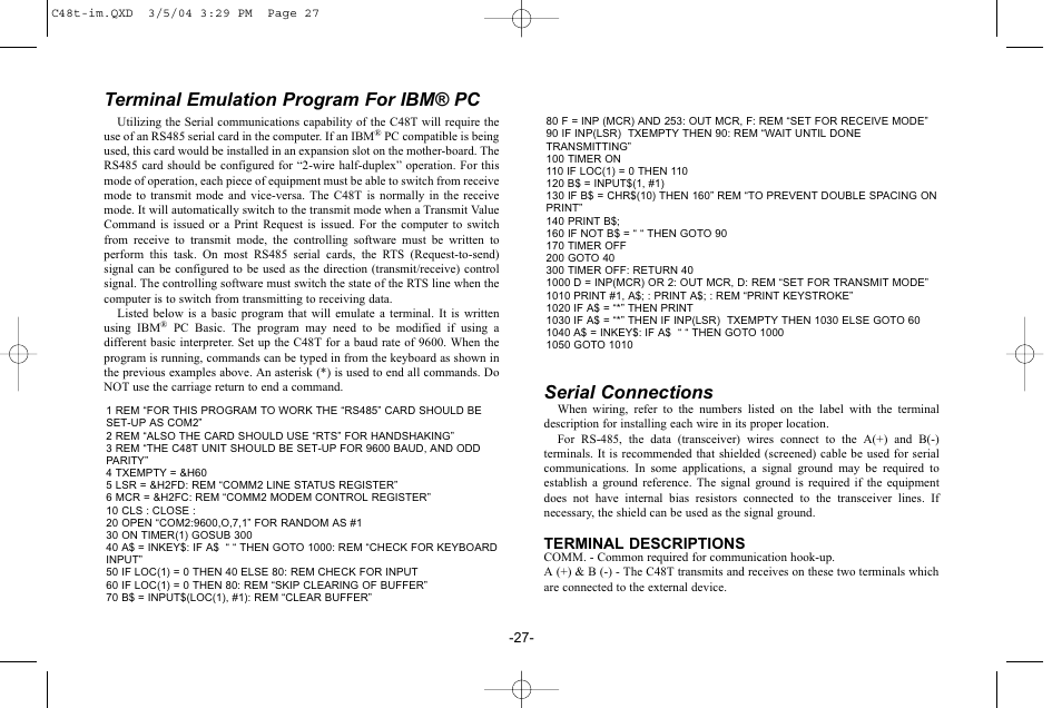 Terminal emulation program for ibm® pc, Serial connections, Terminal descriptions | Red Lion C48T User Manual | Page 33 / 44