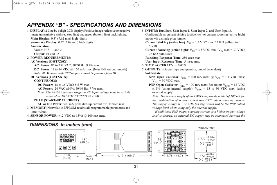 Appendix “b” - specifications and dimensions, Dimensions in inches (mm) | Red Lion C48T User Manual | Page 37 / 44