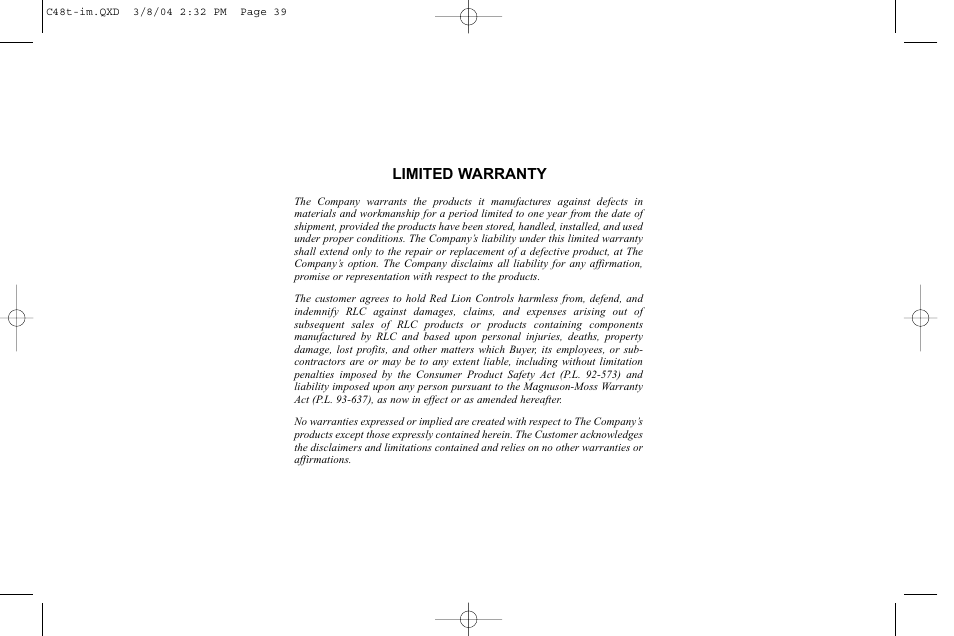 Limited warranty | Red Lion C48T User Manual | Page 43 / 44