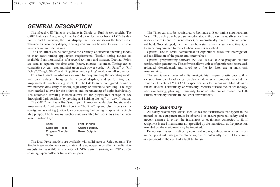 General description, Safety summary | Red Lion C48T User Manual | Page 7 / 44