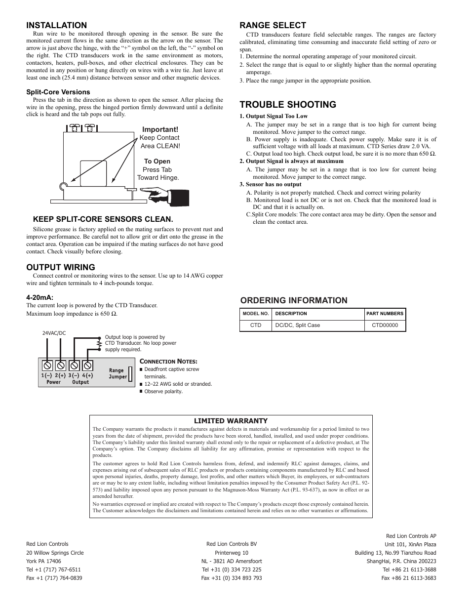 Trouble shooting, Installation, Output wiring | Range select, Ordering information | Red Lion CTD User Manual | Page 2 / 2