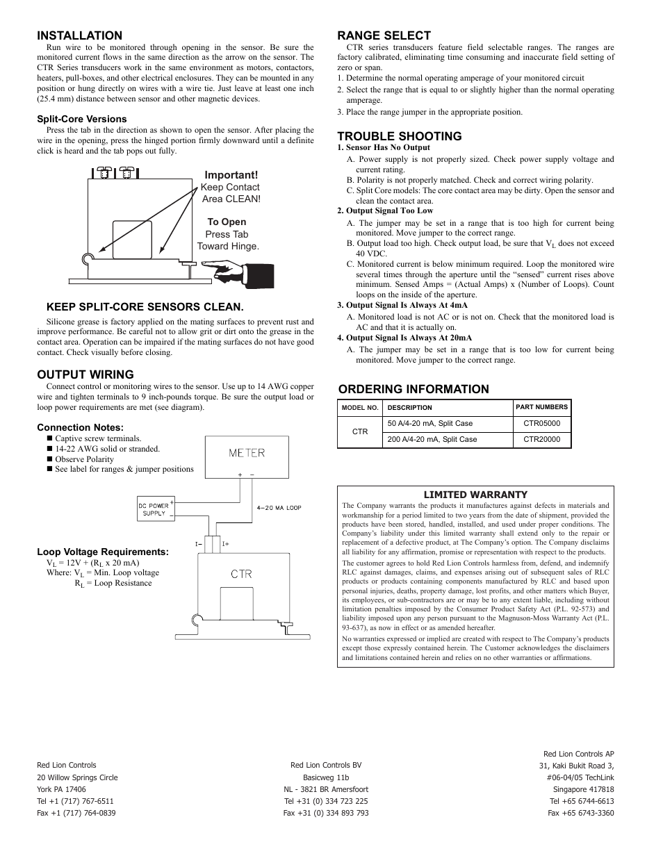 Installation, Output wiring, Range select | Trouble shooting, Ordering information | Red Lion CTR User Manual | Page 2 / 2