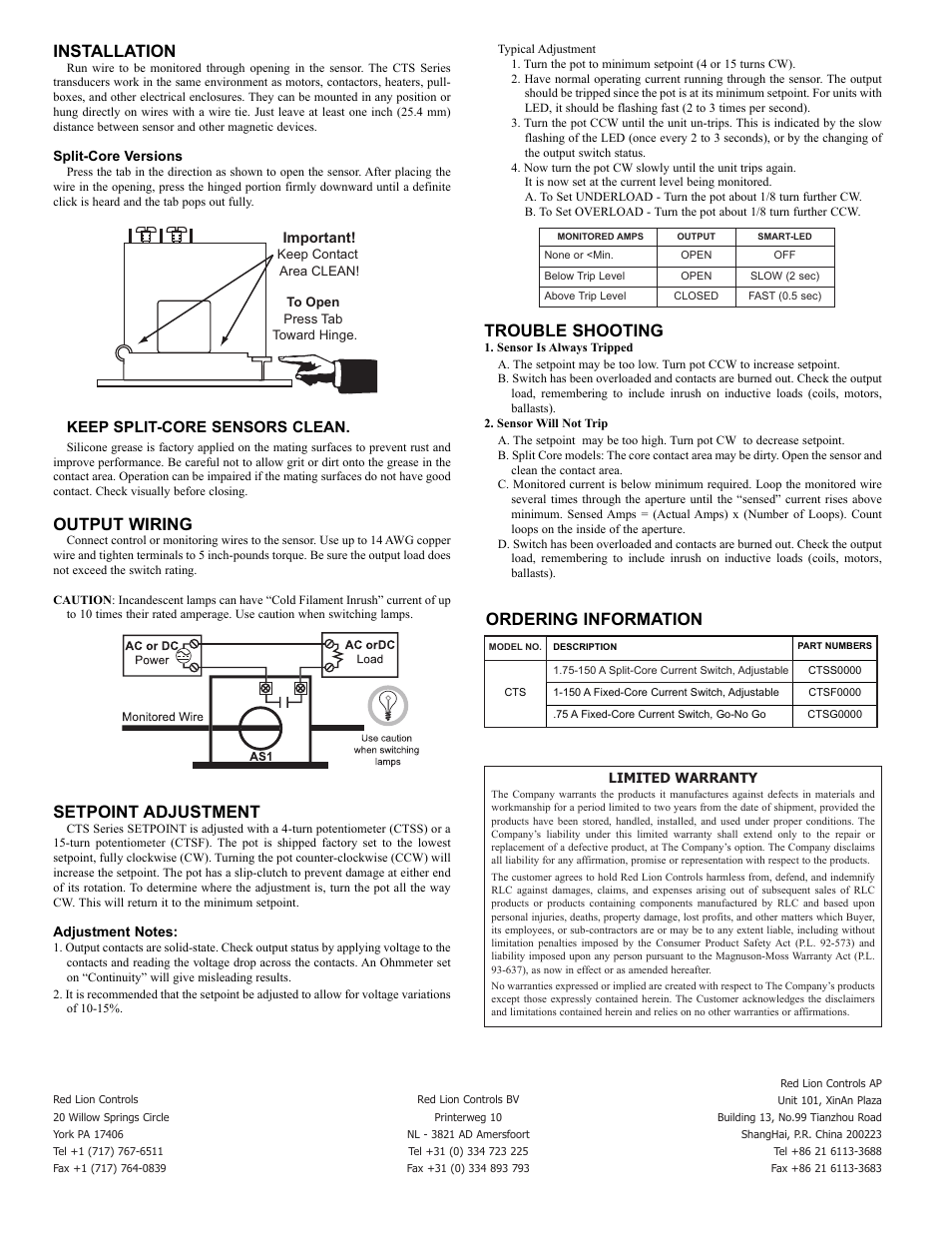 Installation, Output wiring, Setpoint adjustment | Trouble shooting, Ordering information | Red Lion CTS User Manual | Page 2 / 2