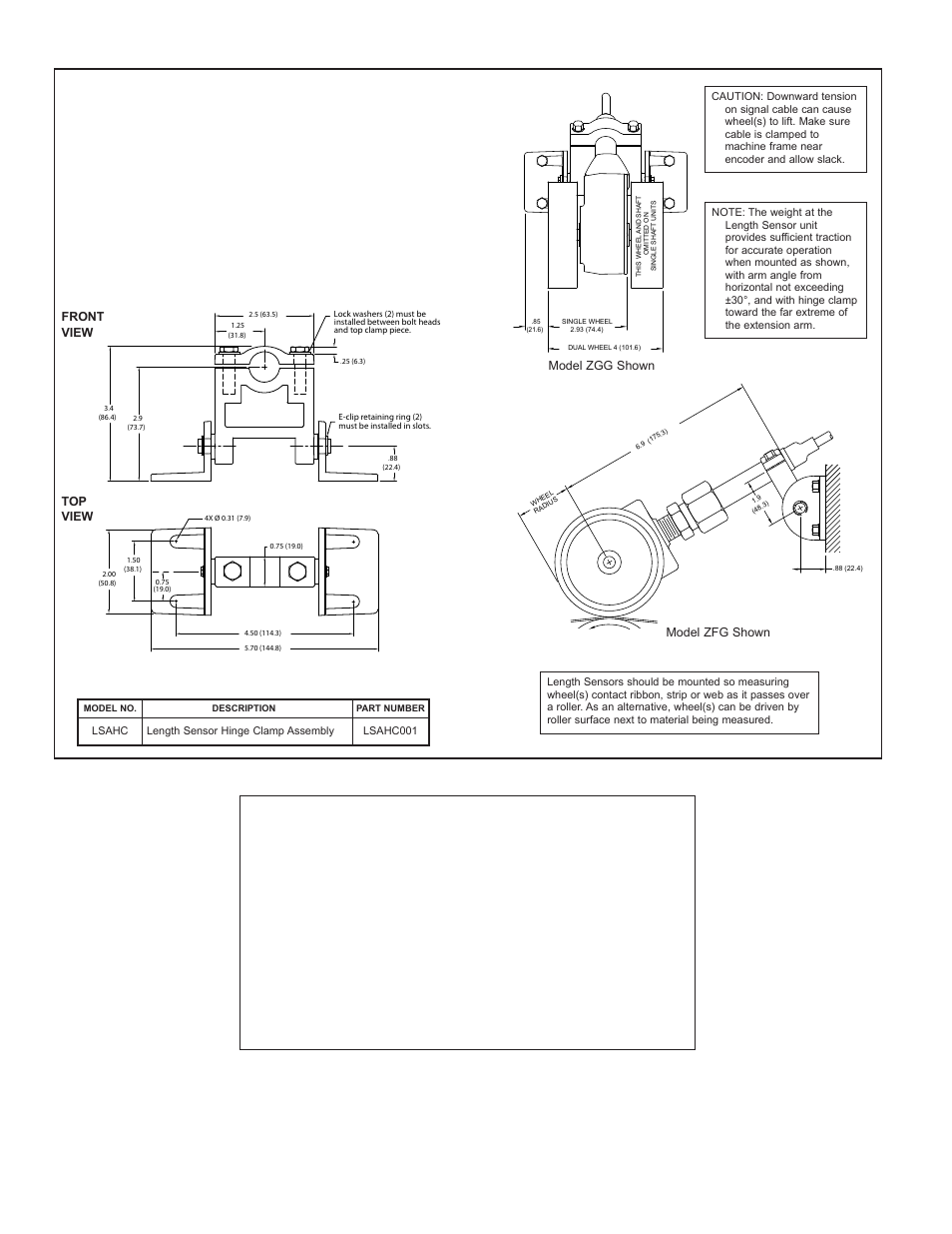 Ordering information, Dimensions in inches (mm), Model lsahc - length sensor hinge clamp assembly | Limited warranty | Red Lion ZCG - STANDARD DUTY, SINGLE User Manual | Page 4 / 4