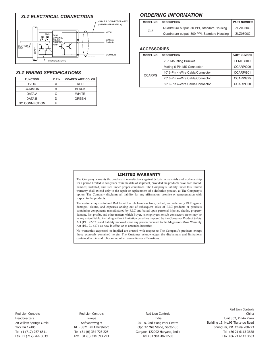 Ordering information, Zlz wiring specifications, Zlz electrical connections | Limited warranty, Accessories | Red Lion ZLZ - LINEAR ENCODER User Manual | Page 2 / 2
