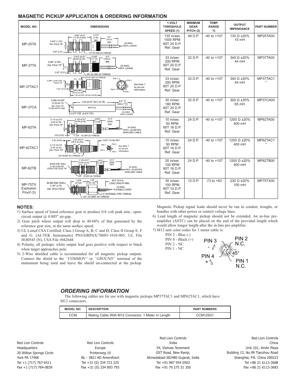 Ordering information, N.c. pin 2 pin 1 pin 3 + pin 4, Magnetic pickup application & ordering information | Red Lion MP-STANDARD MAGNETIC PICKUPS User Manual | Page 2 / 2