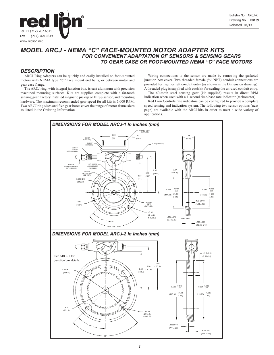 Red Lion ARCJ - C-FACE ADAPTER KIT User Manual | 2 pages