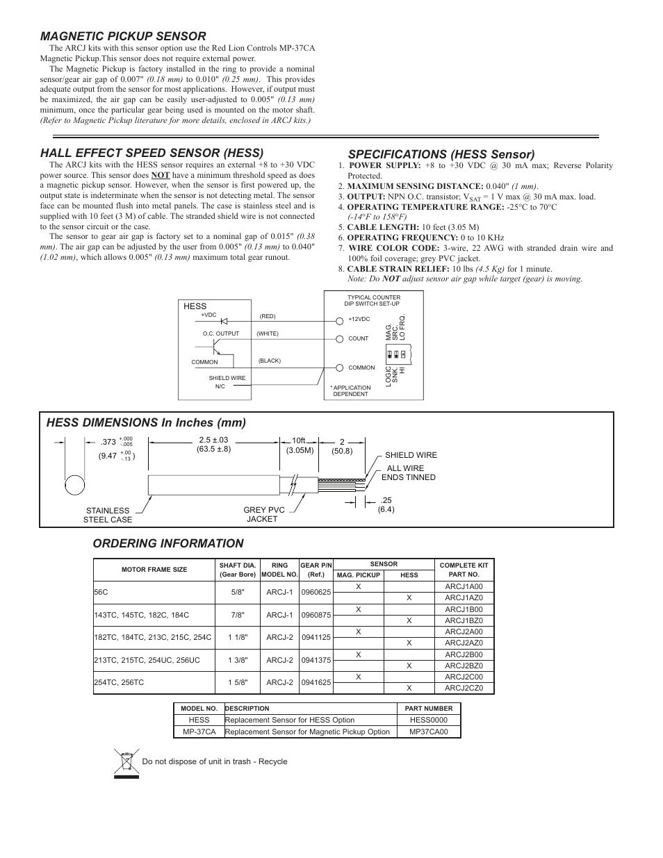 Magnetic pickup sensor, Hall effect speed sensor (hess), Specifications (hess sensor) | Ordering information, Hess dimensions in inches (mm) | Red Lion ARCJ - C-FACE ADAPTER KIT User Manual | Page 2 / 2