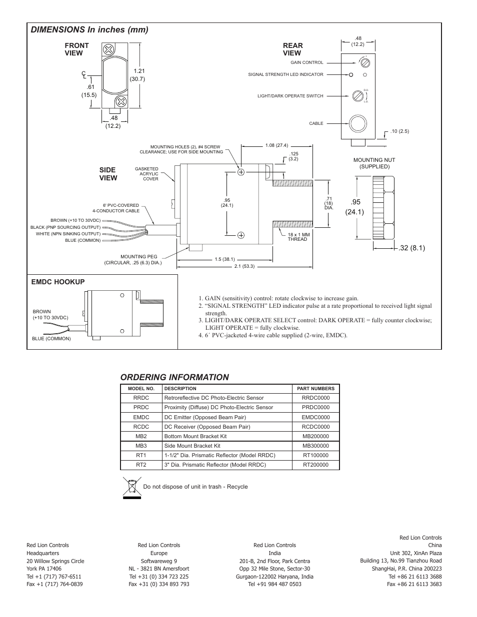 Dimensions in inches (mm), Ordering information, Front rear view view side view | Emdc hookup | Red Lion DC POWERED User Manual | Page 4 / 4