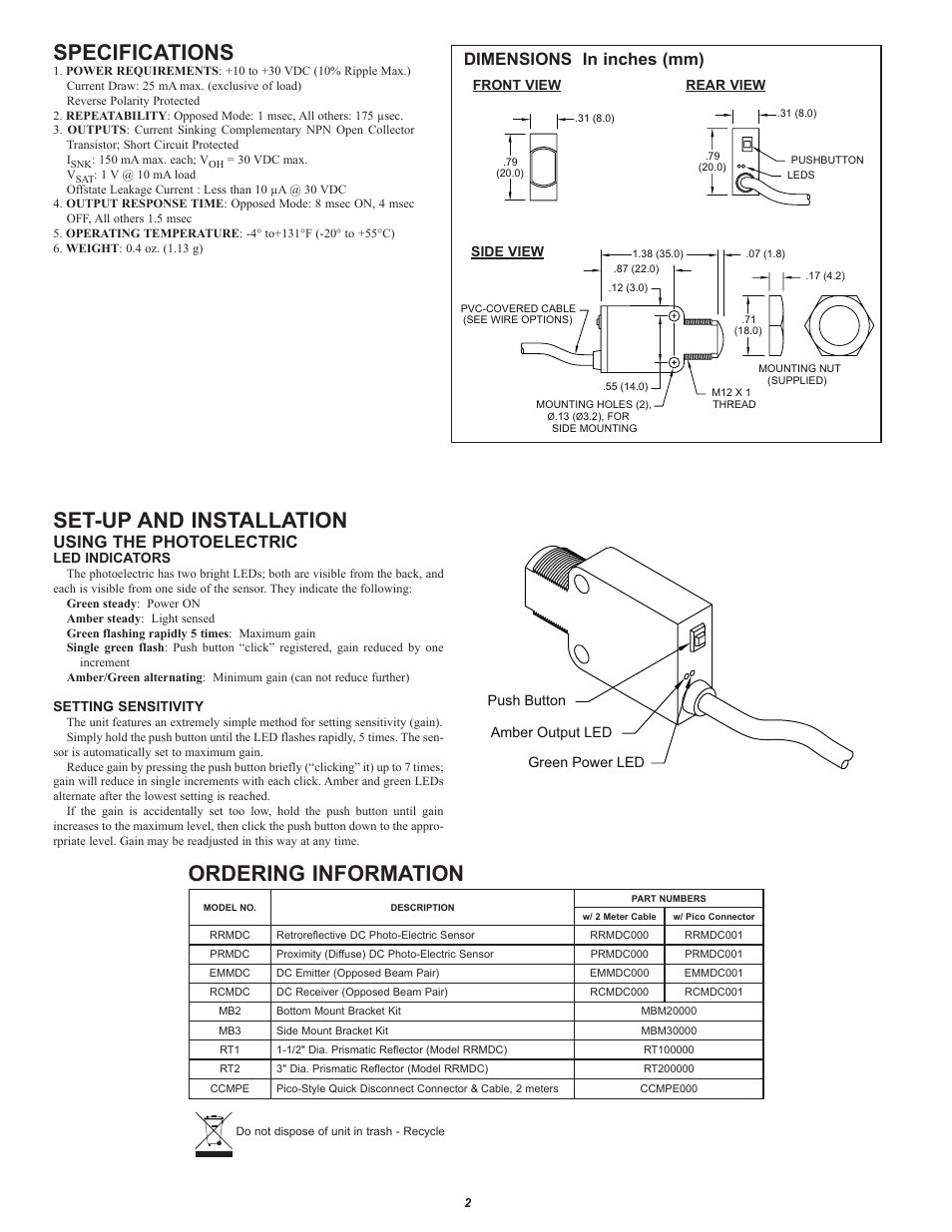 Specifications, Ordering information, Set-up and installation | Using the photoelectric, Dimensions in inches (mm) | Red Lion MINIATURE User Manual | Page 2 / 4