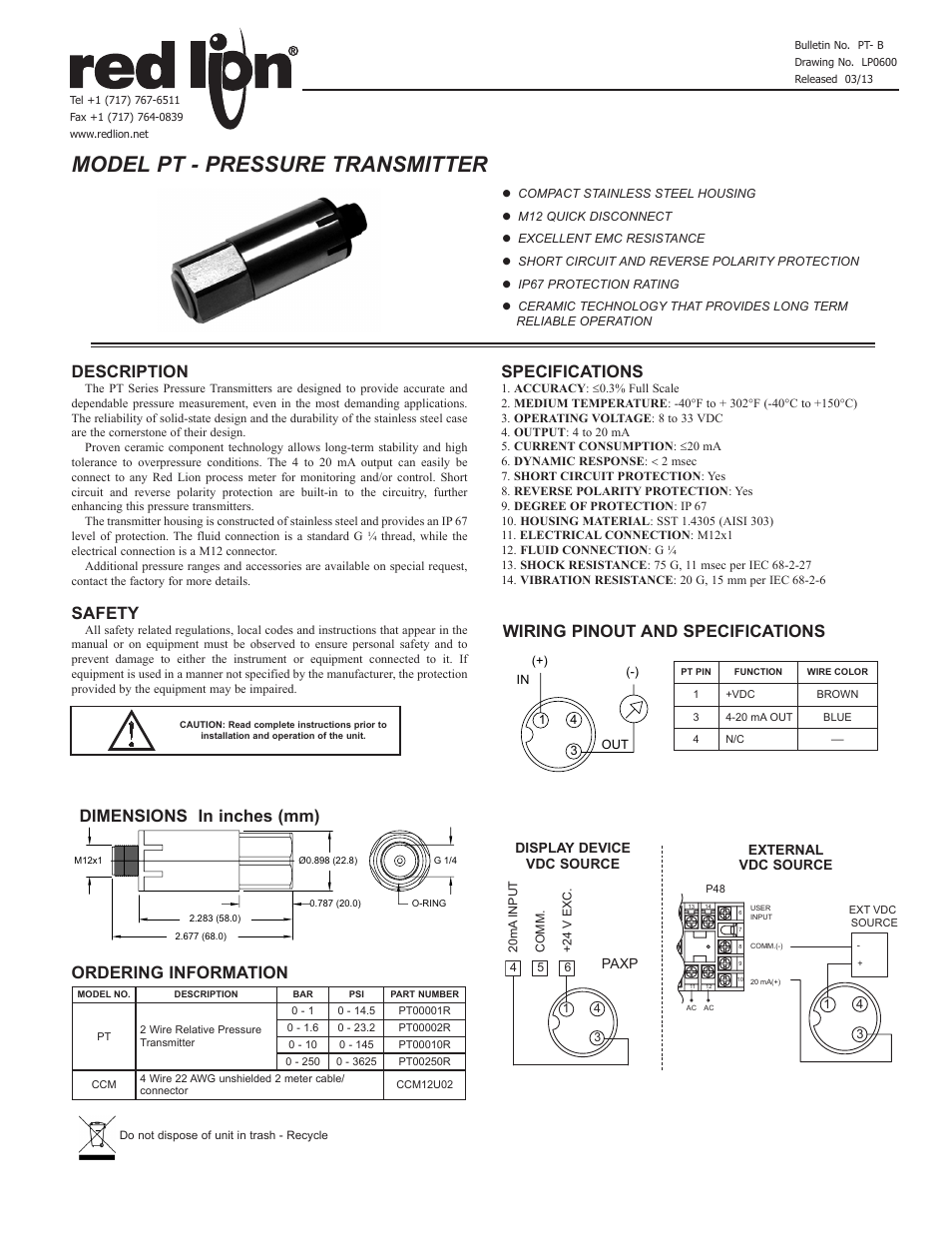 Red Lion PT-Pressure Transmitter User Manual | 1 page