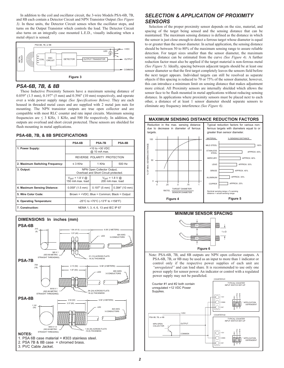 Psa-6b, 7b, & 8b, Selection & application of proximity sensors, Psa-6b, 7b, & 8b specifications | Dimensions in inches (mm) psa-6b psa-7b psa-8b, Maximum sensing distance reduction factors, Minimum sensor spacing | Red Lion PSA - INDUCTIVE User Manual | Page 2 / 4