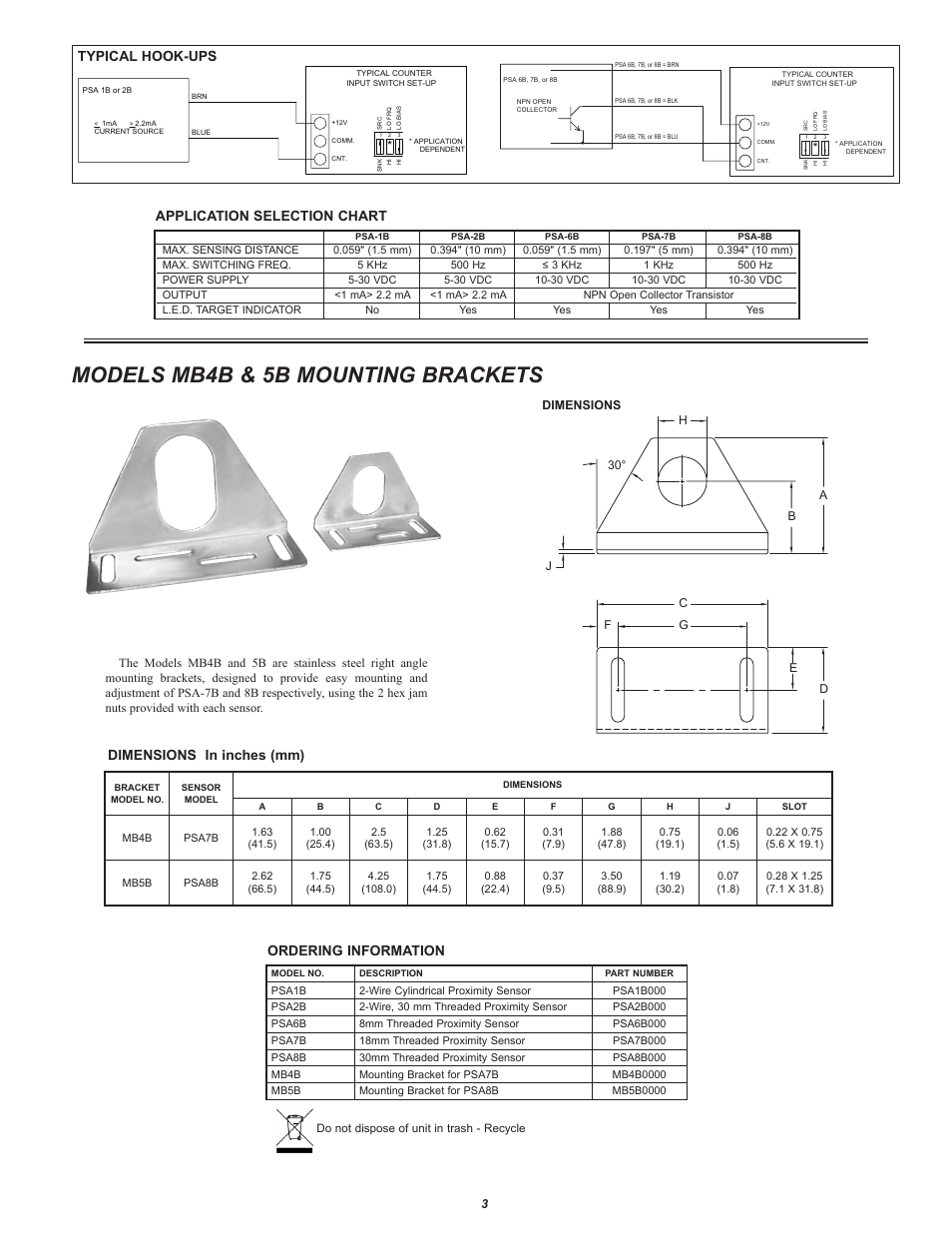 Models mb4b & 5b mounting brackets, Typical hook-ups application selection chart, Dimensions in inches (mm) | Ordering information | Red Lion PSA - INDUCTIVE User Manual | Page 3 / 4