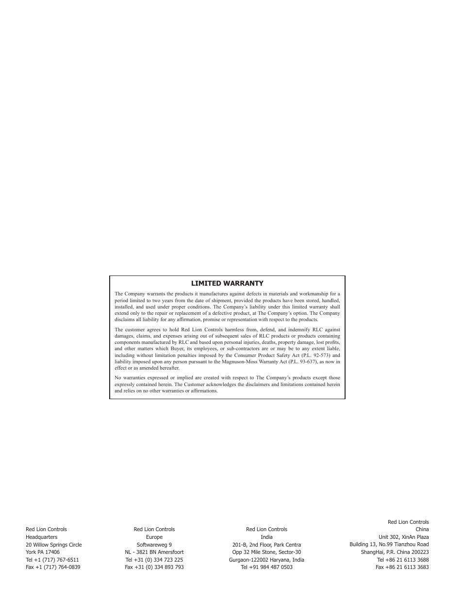 Limited warranty | Red Lion PSA - INDUCTIVE User Manual | Page 4 / 4