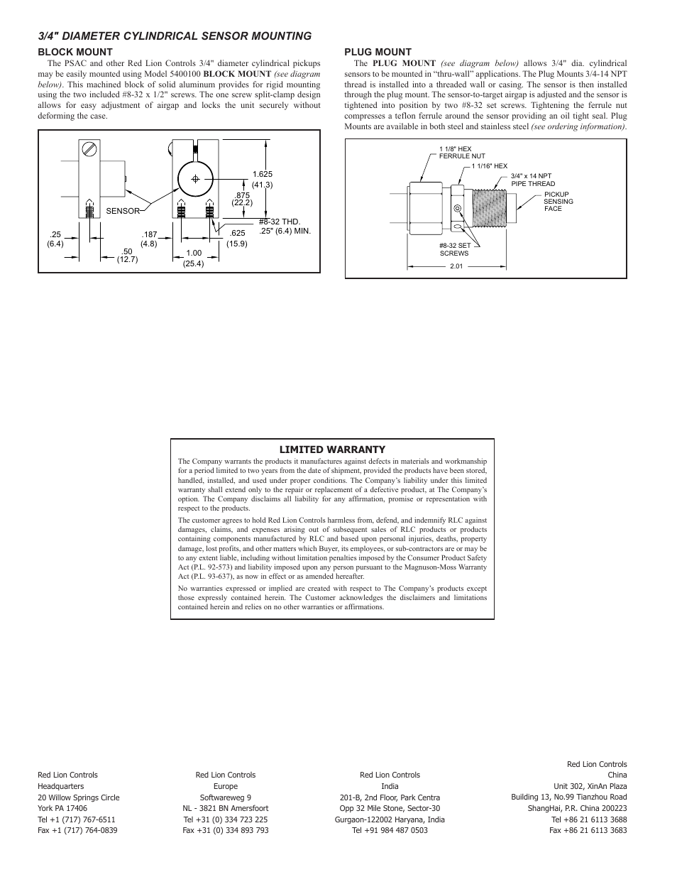 3/4" diameter cylindrical sensor mounting | Red Lion PSAC - INDUCTIVE, STAINLESS STEEL CASE User Manual | Page 2 / 2