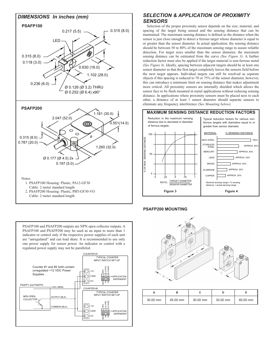 Selection & application of proximity sensors, Dimensions in inches (mm), Maximum sensing distance reduction factors | Psafp100, Psafp200 mounting, Psafp200 | Red Lion PSAFP - FLAT PACK User Manual | Page 2 / 4