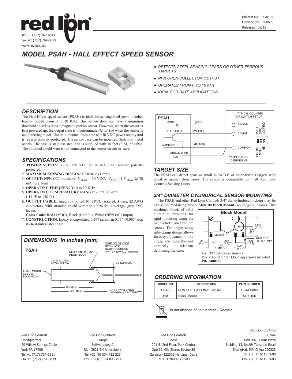 Red Lion PSAH - HALL EFFECT User Manual | 1 page
