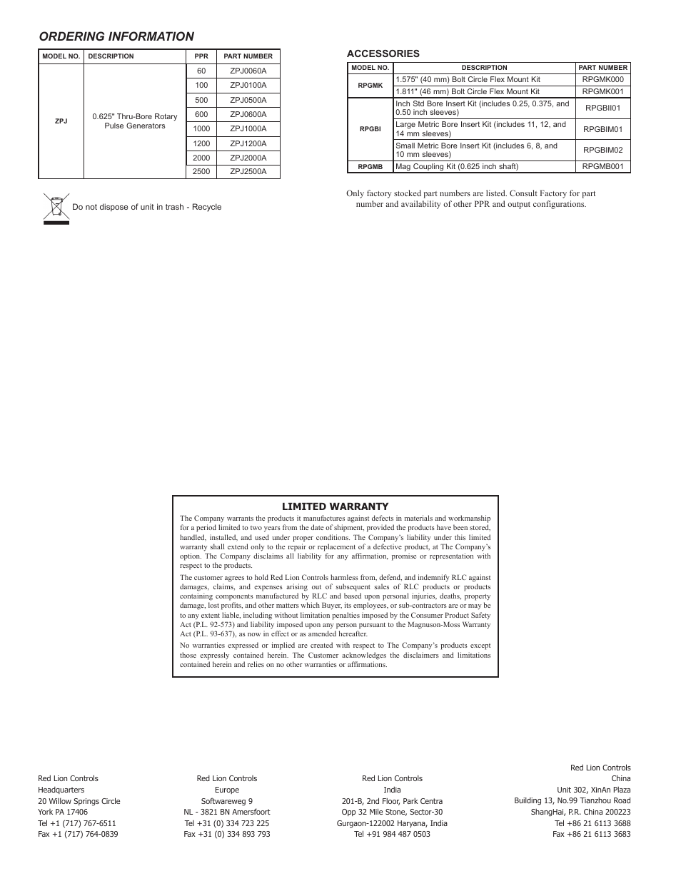 Ordering information, Accessories, Limited warranty | Red Lion ZPJ - FLEXIBLE ARM MOUNT User Manual | Page 2 / 2