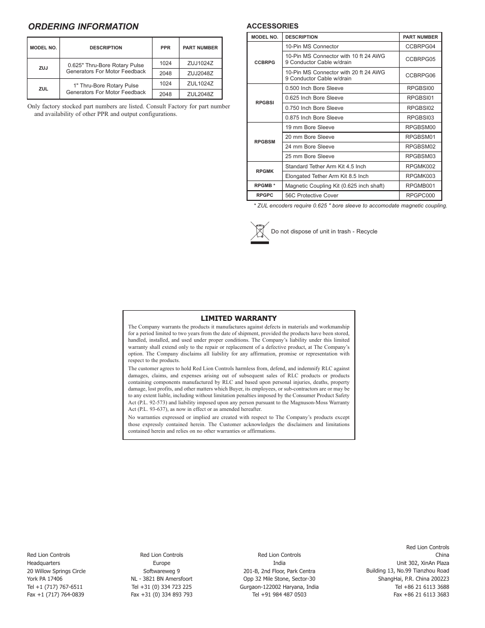 Ordering information, Accessories, Limited warranty | Red Lion ZUL - TETHER ARM MOUNT MOTOR FEEDBACK User Manual | Page 2 / 2