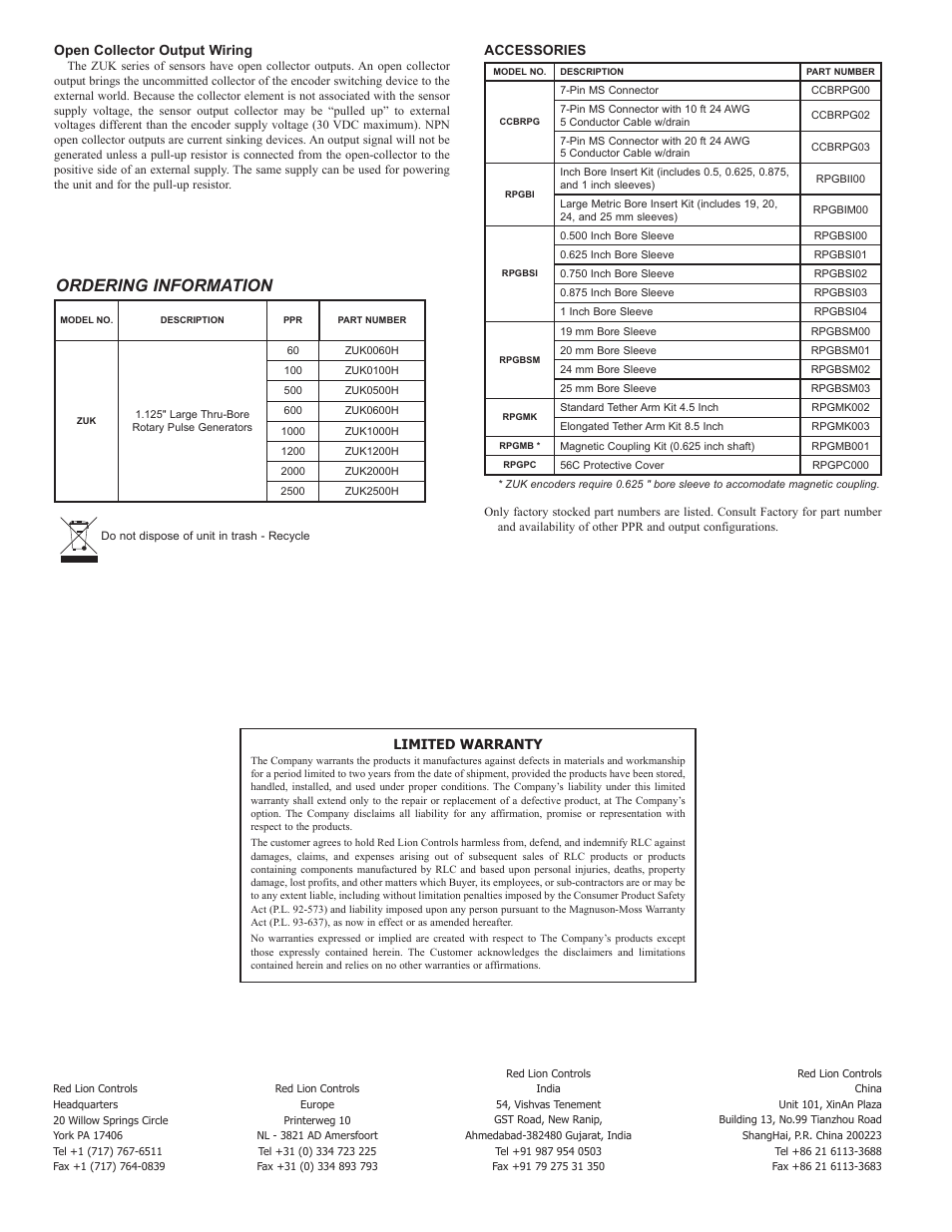 Ordering information, Accessories, Limited warranty | Open collector output wiring | Red Lion ZUK - 3 POINT FLEX MOUNT User Manual | Page 2 / 2