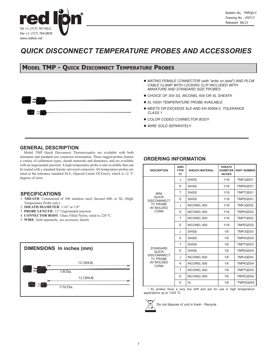 Red Lion TMP QD - QUICK DISCONNECT User Manual | 4 pages