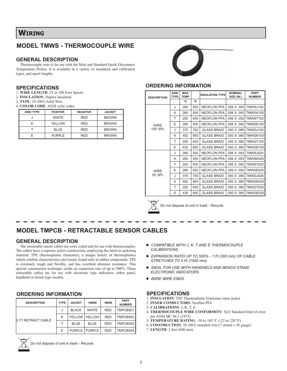 Model tmws - thermocouple wire, Model tmpcb - retractable sensor cables, Iring | General description, Specifications, Ordering information general description, Ordering information | Red Lion TMP QD - QUICK DISCONNECT User Manual | Page 2 / 4