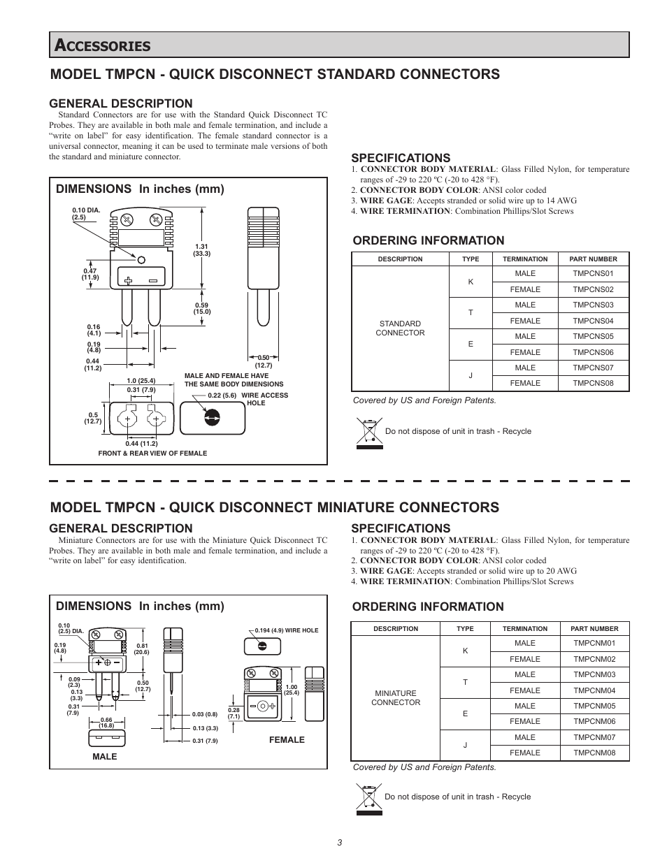 Model tmpcn - quick disconnect standard connectors, Ccessories, General description | Specifications, Ordering information, Dimensions in inches (mm) | Red Lion TMP QD - QUICK DISCONNECT User Manual | Page 3 / 4