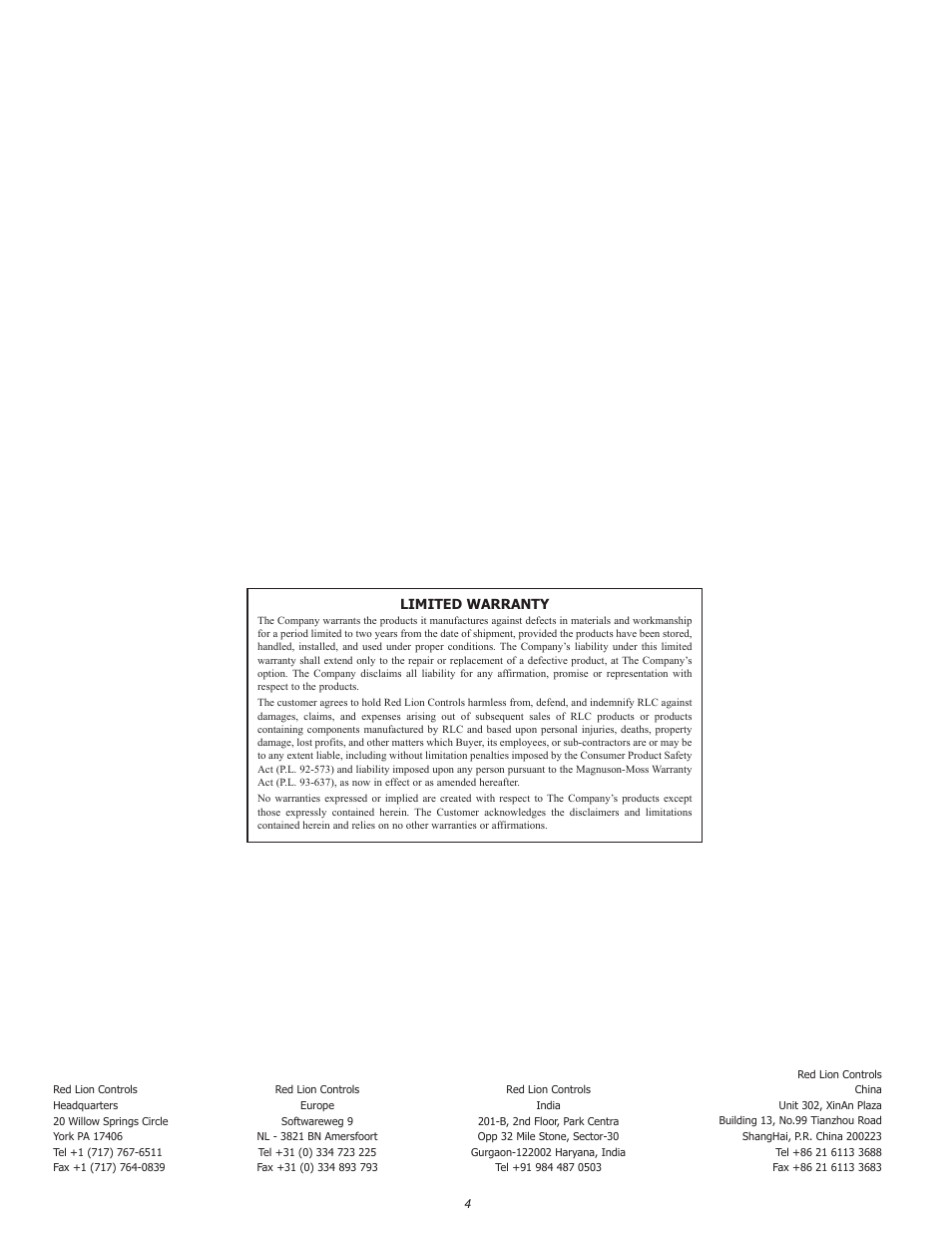 Limited warranty | Red Lion TMP QD - QUICK DISCONNECT User Manual | Page 4 / 4