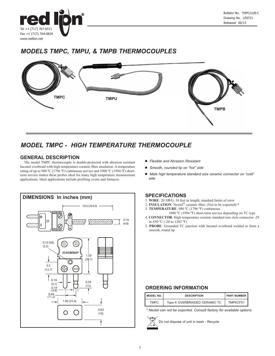 Red Lion TMPKB - Spring Loaded Compression Fitting Thermocouple User Manual | 2 pages