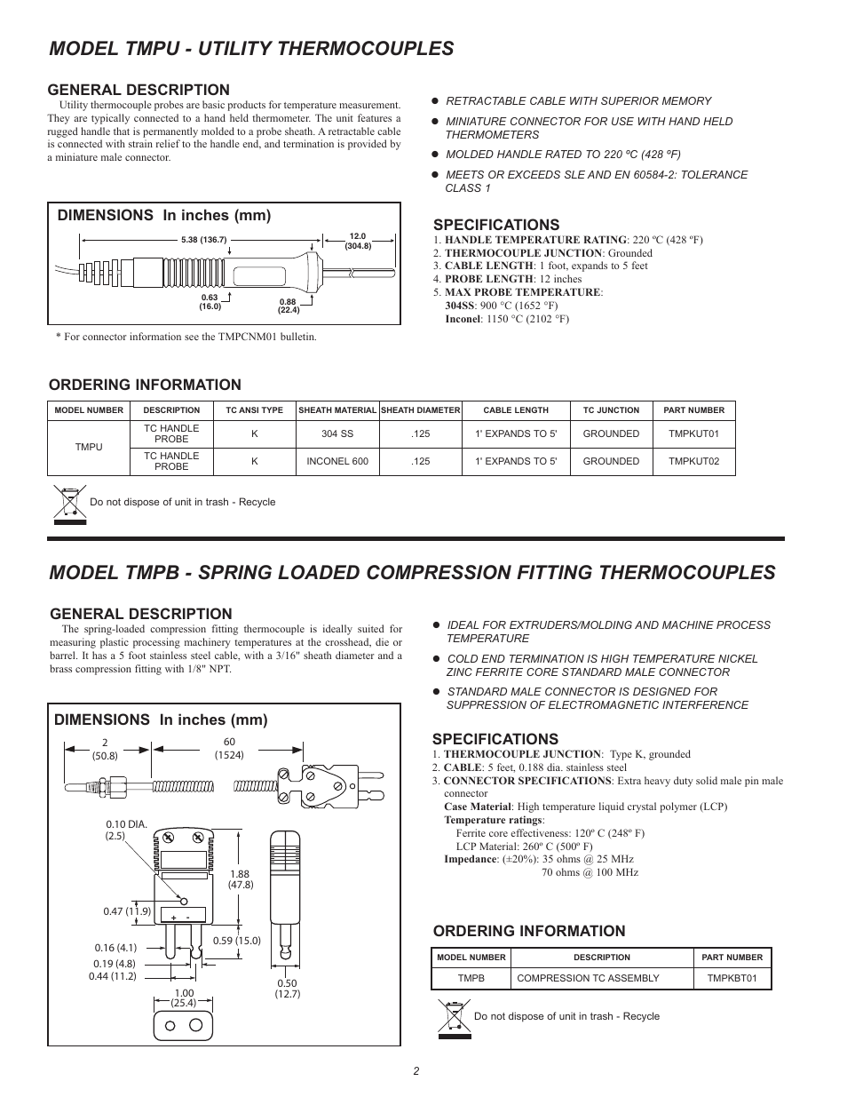 Model tmpu - utility thermocouples, General description, Ordering information | Dimensions in inches (mm), Specifications | Red Lion TMPKB - Spring Loaded Compression Fitting Thermocouple User Manual | Page 2 / 2