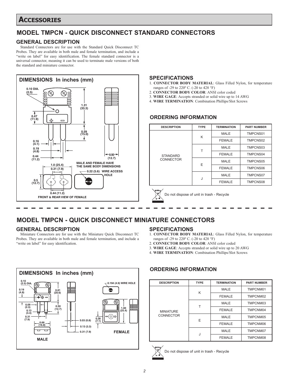 Model tmpcn - quick disconnect standard connectors, Ccessories, General description | Specifications, Ordering information, Dimensions in inches (mm) | Red Lion TMPKTJ - TRANSITION JOINT User Manual | Page 2 / 2