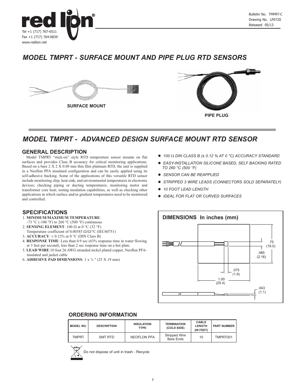 Red Lion TMPCNM09 & TMPCNM10 - RTD Probe Connectors User Manual | 2 pages