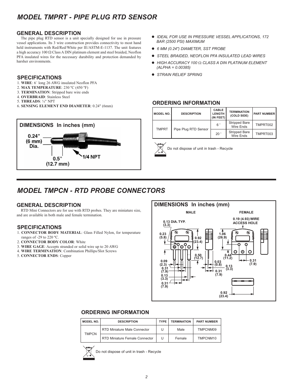 Model tmpcn - rtd probe connectors, Model tmprt - pipe plug rtd sensor, General description | Specifications, Ordering information general description, Ordering information, Dimensions in inches (mm) | Red Lion TMPCNM09 & TMPCNM10 - RTD Probe Connectors User Manual | Page 2 / 2