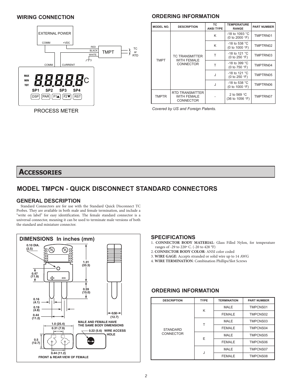 Model tmpcn - quick disconnect standard connectors, Ccessories, General description | Specifications, Ordering information, Dimensions in inches (mm), Wiring connection, Process meter | Red Lion TMPT - AMPLIFIER User Manual | Page 2 / 4