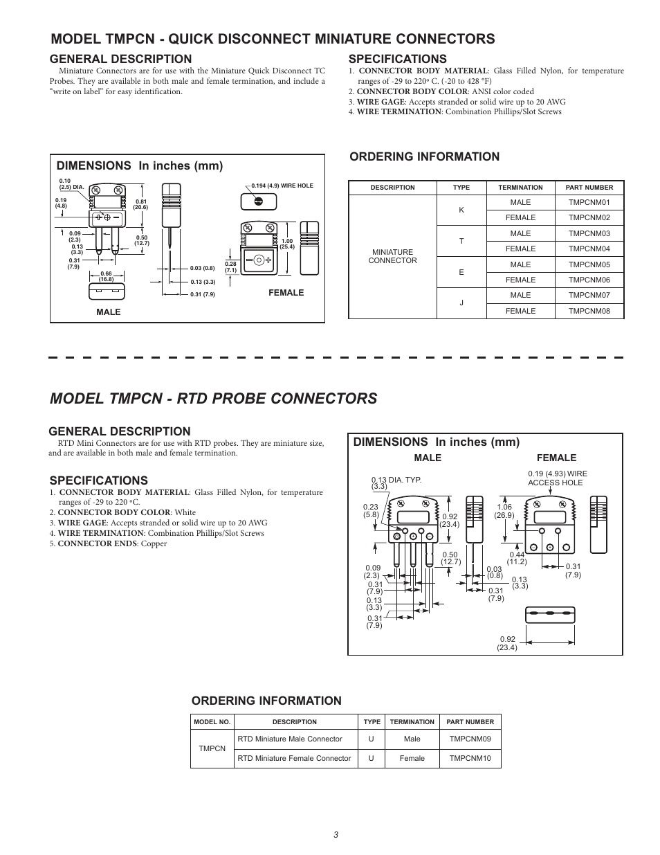 Model tmpcn - rtd probe connectors, General description, Specifications | Ordering information, Dimensions in inches (mm) | Red Lion TMPT - AMPLIFIER User Manual | Page 3 / 4