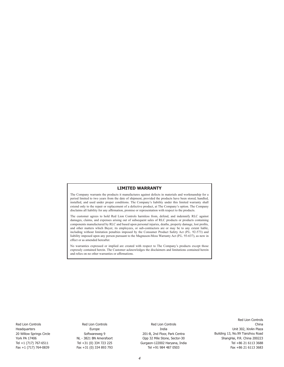 Limited warranty | Red Lion TMPT - AMPLIFIER User Manual | Page 4 / 4
