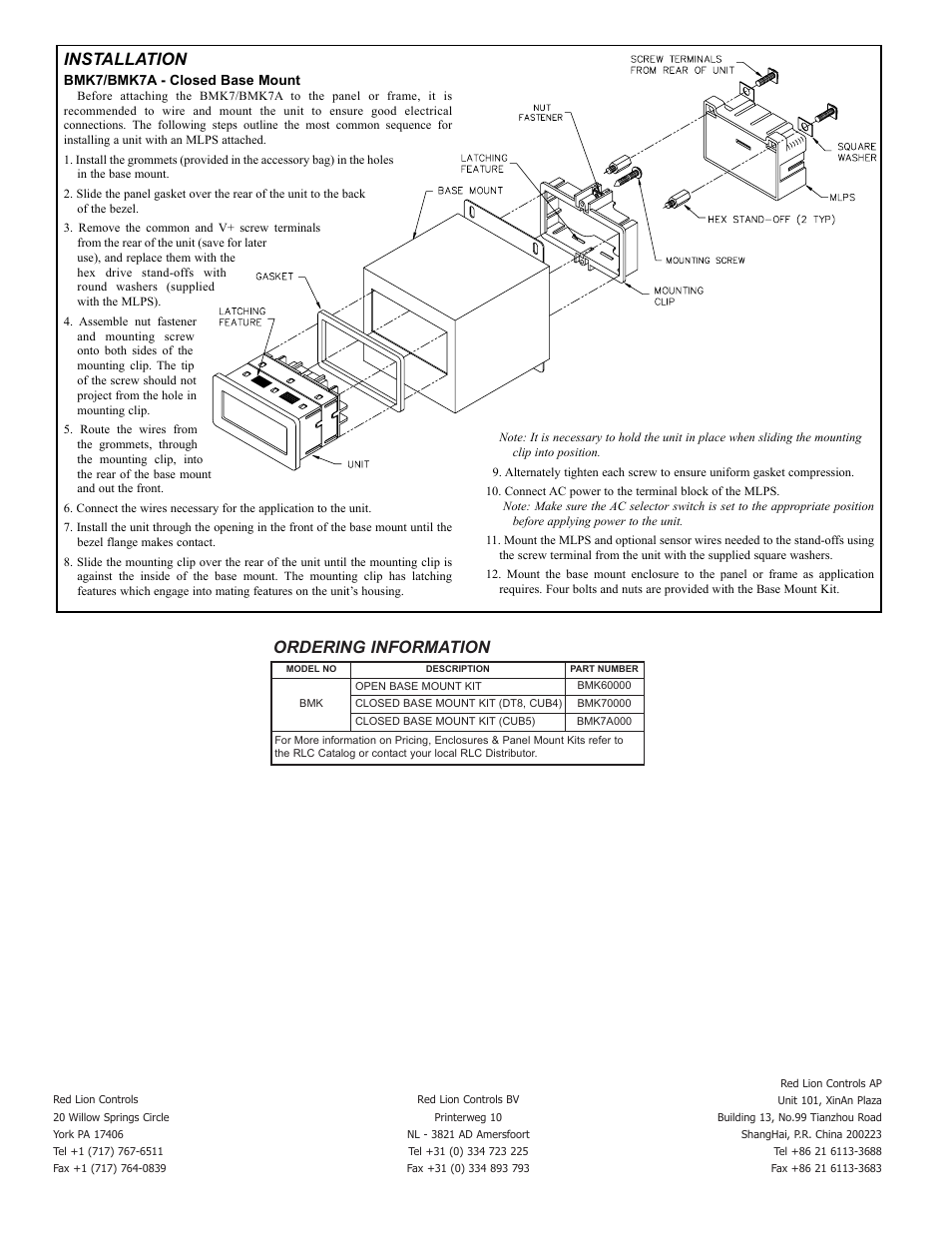 Installation, Ordering information | Red Lion BMK7A User Manual | Page 2 / 2