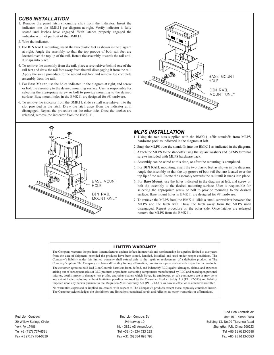 Mlps installation, Cub5 installation | Red Lion BMK11 User Manual | Page 2 / 2