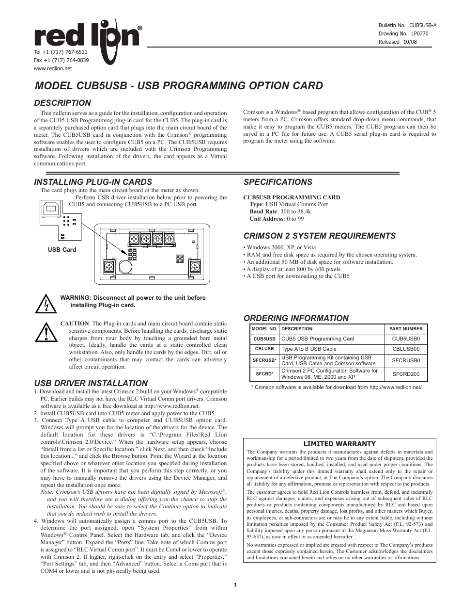 Red Lion CUB5USB (USB) User Manual | 2 pages