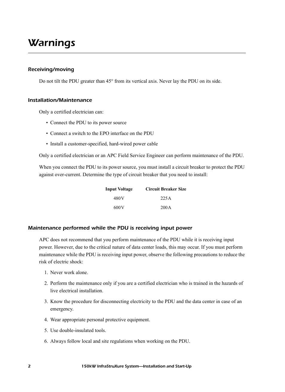 Warnings, Receiving/moving, Installation/maintenance | American Power Conversion PDU User Manual | Page 10 / 54