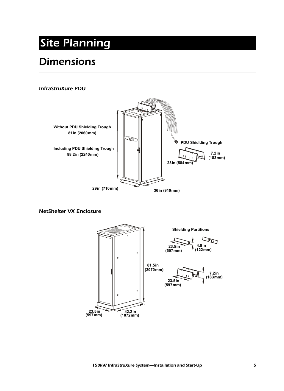 Site planning, Dimensions, Infrastruxure pdu | Netshelter vx enclosure | American Power Conversion PDU User Manual | Page 13 / 54